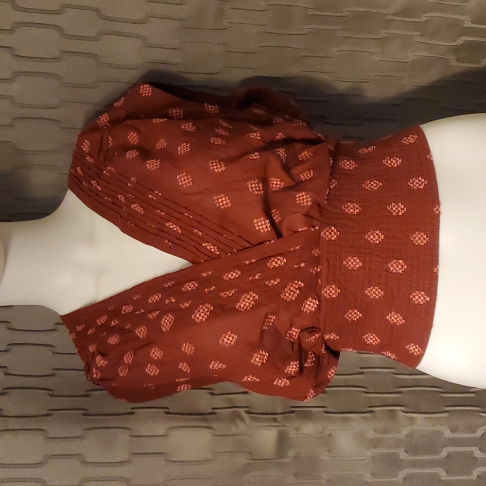 Anthropologie burgundy and pink blouse, M, ties in back
